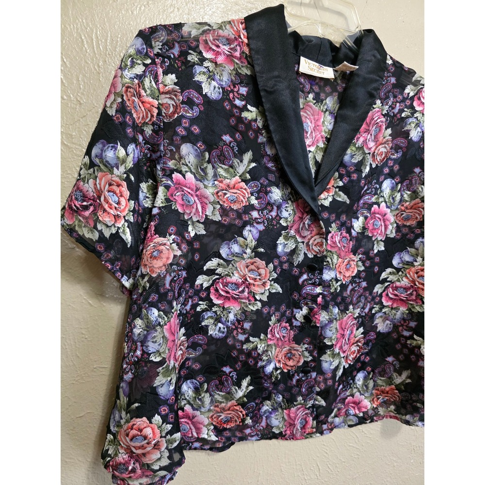 Victorias Secret Gold Label Floral Sheer Pajama Top Black M cottage core Baggy